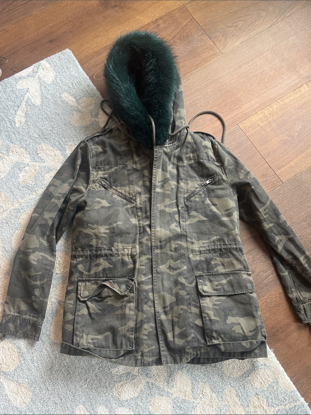 Pam & Gela Camo Jacket with Dark Green Faux Fur Hood